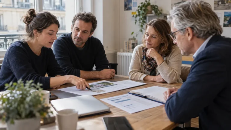 Photo générée : des bénévoles étudient ensemble un projet associatif