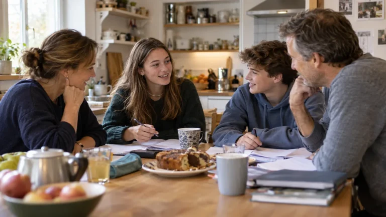 Photo générée : une lycéenne en échange scolaire étudie avec sa famille d’accueil autour d’une table