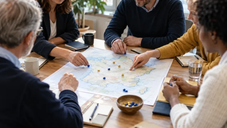 Photo générée : des bénévoles échangent autour d’une carte de France