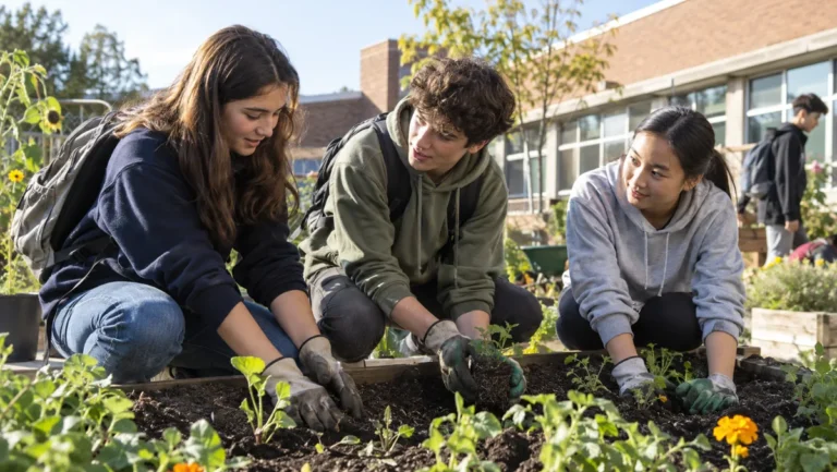 Photo générée : des lycéens travaillent ensemble dans un jardin partagé